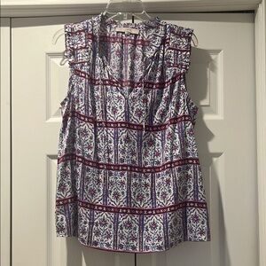 LOFT White and Purple Relaxed Ruffled Blouse